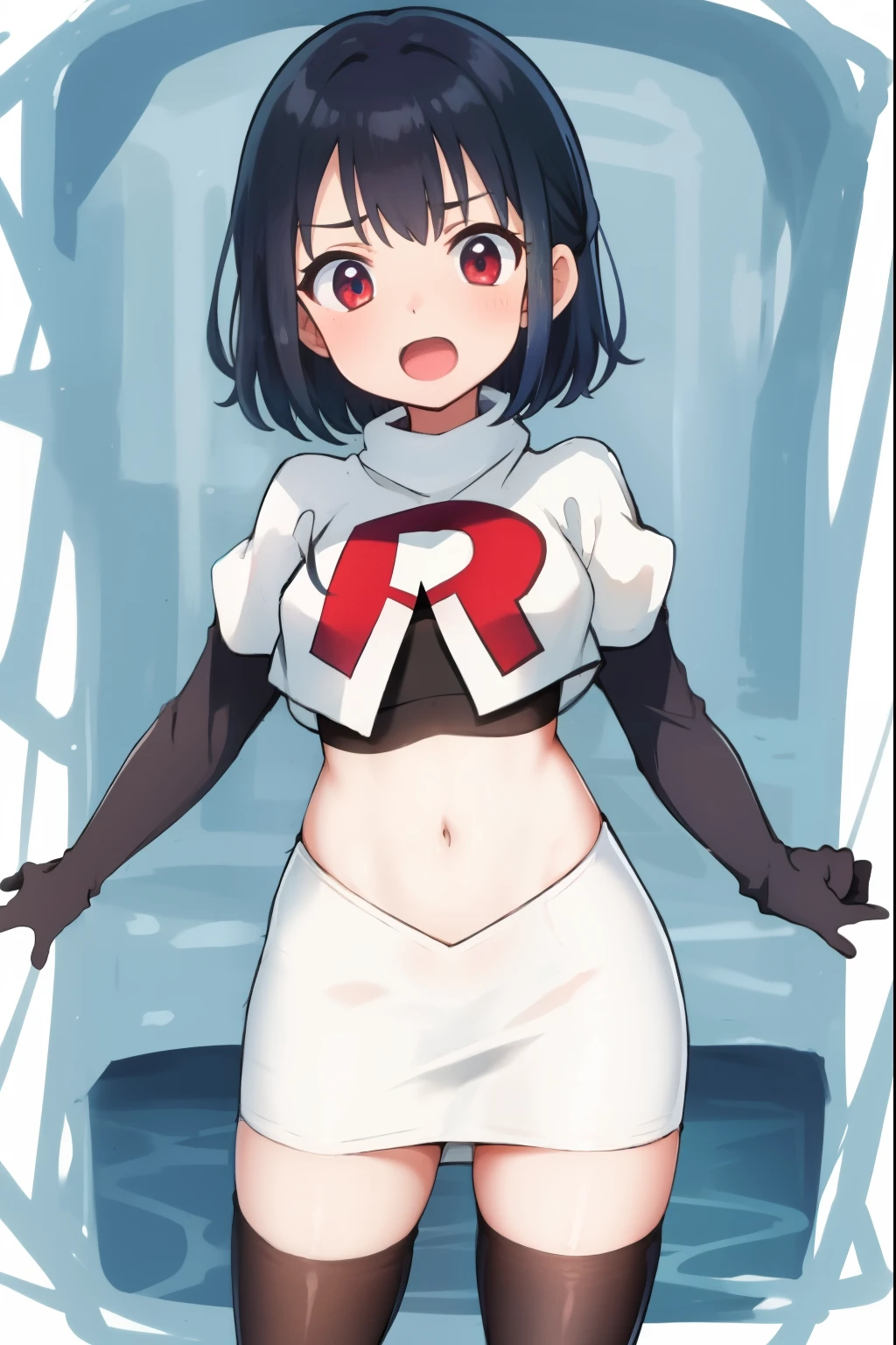 (Trading card style:1.3), masterpiece,Highest quality,High resolution,Anime Style,(1 high school girl:1.2), The clothes are thick enough not to be see-through, (((Team Rocket uniform), Short skirt), (Black Patent Leather Gloves), (Black patent leather boots), (Black panties)),(Smiling and showing teeth:1.3),(Her hair color is green., Three-stranded,　Glasses:1.3), (Panty shot, View from below the subject:1.1), (Clothes that look good:1.1), (Blank Background:1.3), (The subject steps on the viewer:1.3)
