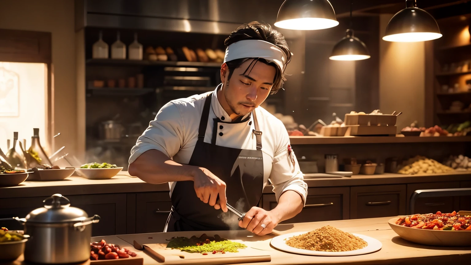 Cinematic cooking adventure moment depicting a chef embarking on a culinary exploration in an exotic market, surrounded by a bounty of colorful spices and unique ingredients. In the style of the visually captivating food documentaries directed by David Gelb, use a digital medium to capture the essence of the culinary journey. Utilize a Canon EOS R6 with a 35mm f/1.4 lens to focus on the chef's expressions and the diverse array of ingredients, employing natural, sunlight-inspired lighting to accentuate the vibrant colors and textures of the culinary adventure.