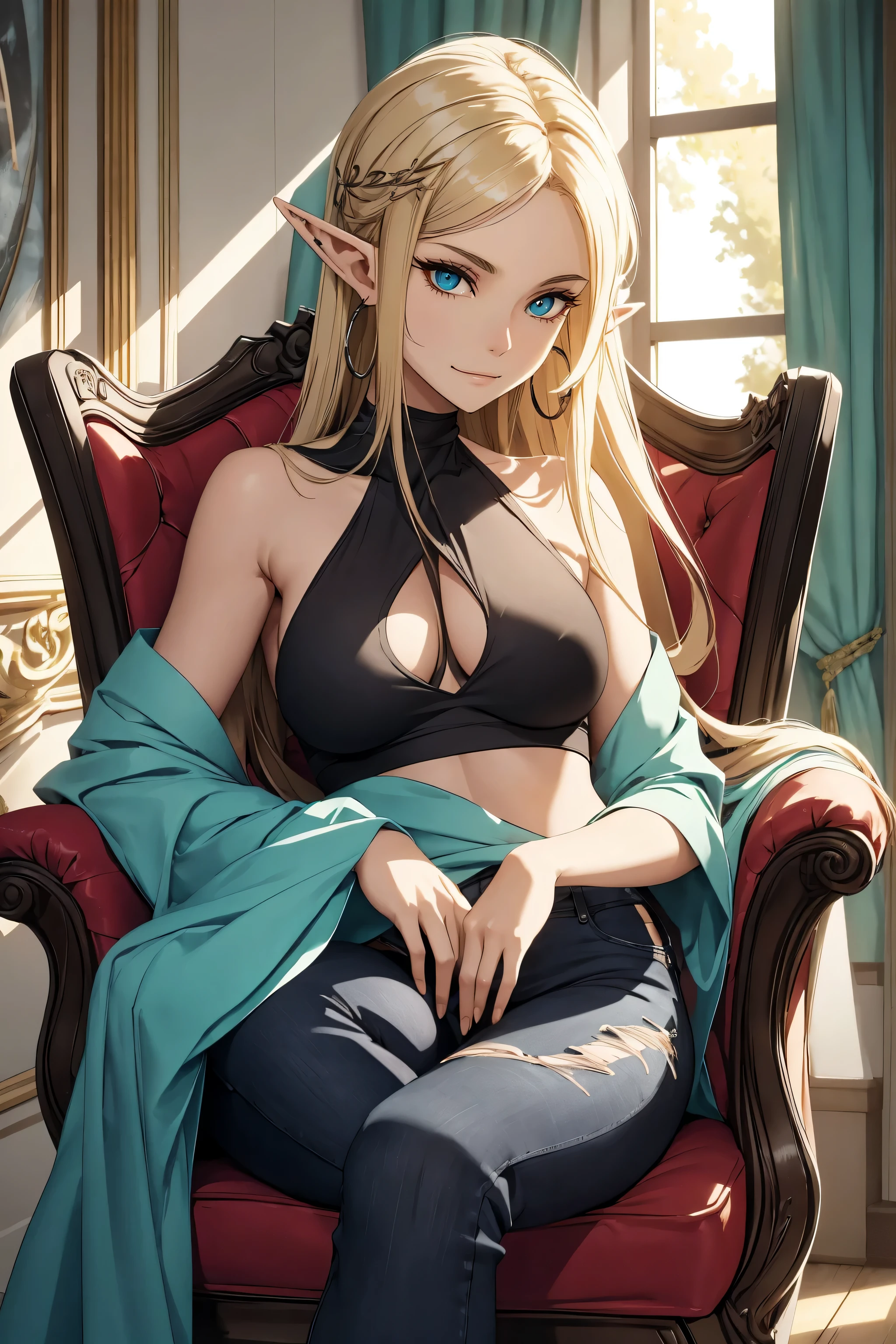 With the given theme "Solo, elf woman, mature:1.4, long blonde hair, hoop earrings, black eyeliner, black eyeshadow, black tank top, ripped blue jeans, lounging in armchair," here is the Stable Diffusion prompt:
"Solo, mature elf woman:1.4 with stunning long blonde hair, wearing hoop earrings. Her eyes are accentuated with black eyeliner and eyeshadow, enhancing her mesmerizing gaze. She's dressed in a stylish black tank top and ripped blue jeans. A perfect blend of elegance and rebellion, she's effortlessly lounging in an armchair.
The scene is depicted using a medium that enhances the artistic style, such as a detailed illustration or a beautifully rendered oil painting.
The colors in the artwork are vibrant and vivid, providing a realistic and photorealistic:1.37 portrayal of the elf woman. The lighting is expertly crafted, with studio lighting techniques creating an atmosphere of depth and allure.
The overall image quality is of the highest caliber, with best quality, 4k, 8k, highres, masterpiece:1.2 resolution. Every detail is captured with ultra-detailed precision, showcasing the elf woman's ethereal beauty and intricate features.
This artwork embodies a concept where the elf woman stands as a solitary figure, exuding confidence and grace. The composition ensures that the focal point remains the elf woman herself, emphasizing her presence in the scene.
Let the viewer immerse themselves in this magnificent artwork, filled with astonishing details and a harmonious blend of colors.
Capture the essence of this captivating, mature elf woman as she relaxes in the armchair, radiating an aura of enchantment and mystery."