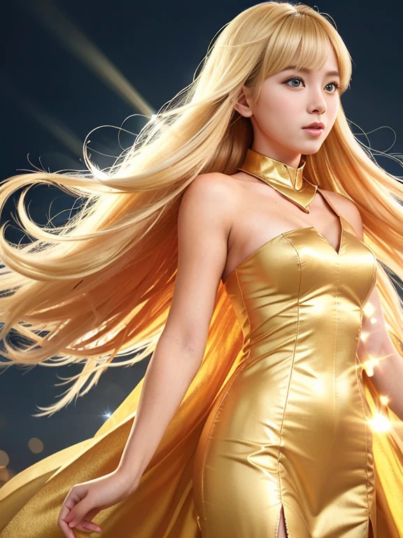 girl, flowing blonde hair, yellow eyes, Golden Emperor Costume, collar, anime, The background is a clear sky with glittering lights., Dynamic angle, Arrogant laughter
