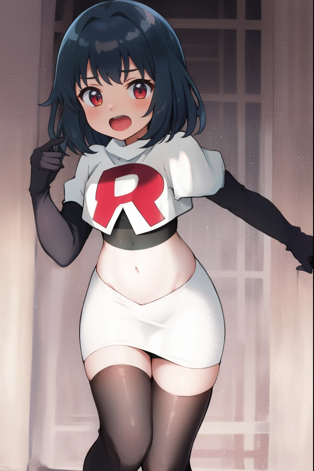 absurdres,masterpiece, best quality, highres, high quality, 1girl,team rocket,team rocket uniform,white skirt,red letter R,crop top,black thigh-highs,black elbow gloves,