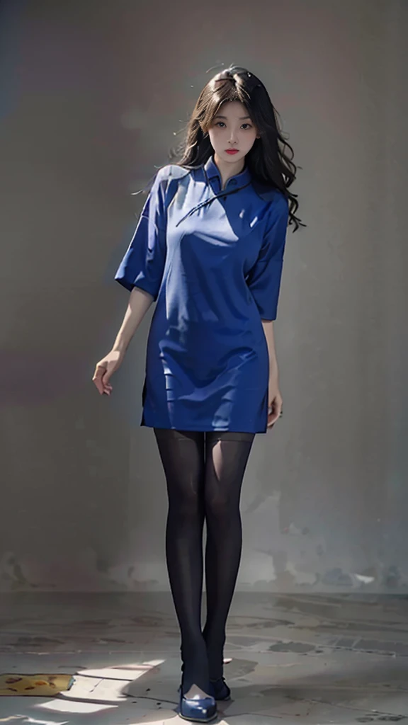 A flight attendant，Blue and white porcelain cheongsam，Thick gray pantyhose，Cement gray stockings，Grey Stockings，Gray hip socks，Cocked buttocks，huge tit，Super detail，hyper HD,A high resolution,1080p,Anatomically correct，ccurate，Physical coordination，Photo portrait，slender thiest quality, Masterpiece, 超A high resolution, RAW photo, Beautiful and aesthetic,deepshadow, (Photorealistic:1.4), full-body composition, Striking perspective