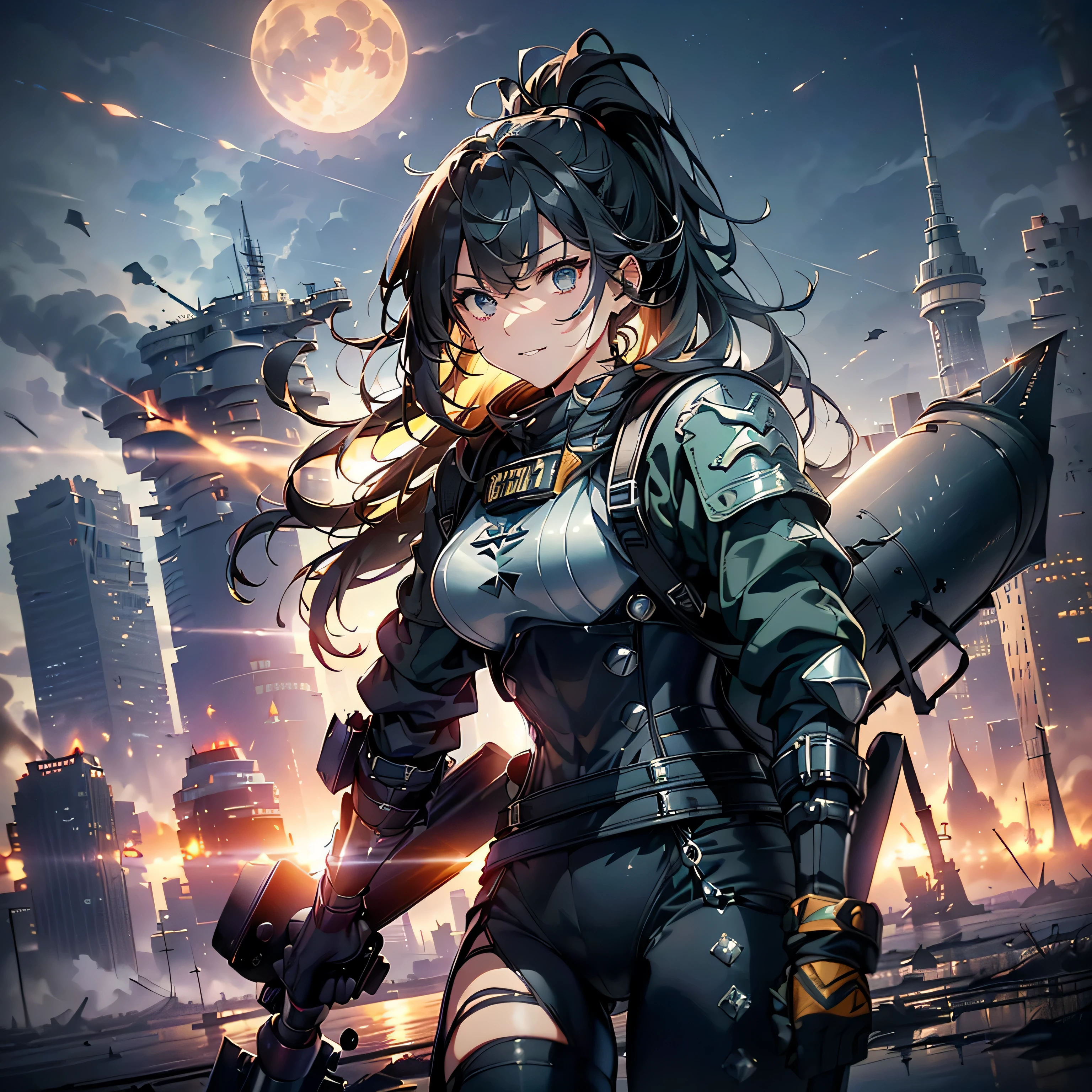 (highest quality，T Masterpiece，final solution，whole body):(Fluffy，１９old female fighter，black high knot ponytail、Shiny navy blue and black tight combat uniform，tight suit，dynamic angle、dynamic action、(dynamic pose:1.2)、normal posture，normal posture、Gentle smile)、(Time Machine、Computer、skyscraper gun、weapons of the future、(Backpack:1.1)、Real World、Plankton rattle field、volumetric fog、gray fog、cigarette、 explosion、apocalyptic、destroyed city background、burning building:1.3、splash of water、starry ski、huge moon、Earth、destroyed giant robot、radio tower、airplane flying overhead、shooting star rocket truck、broken car、derailed train、tank、giant weapon、electronic equipment、Luminous mechanism)