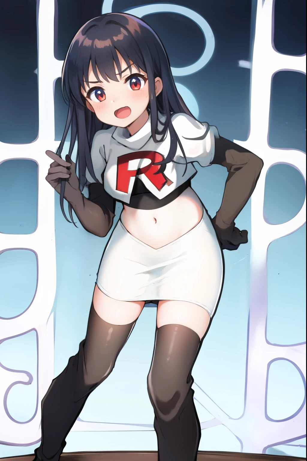 absurdres,masterpiece, best quality, highres, high quality, 1girl, child,team rocket,team rocket uniform,white skirt,red letter R,crop top,black thigh-highs,black elbow gloves,