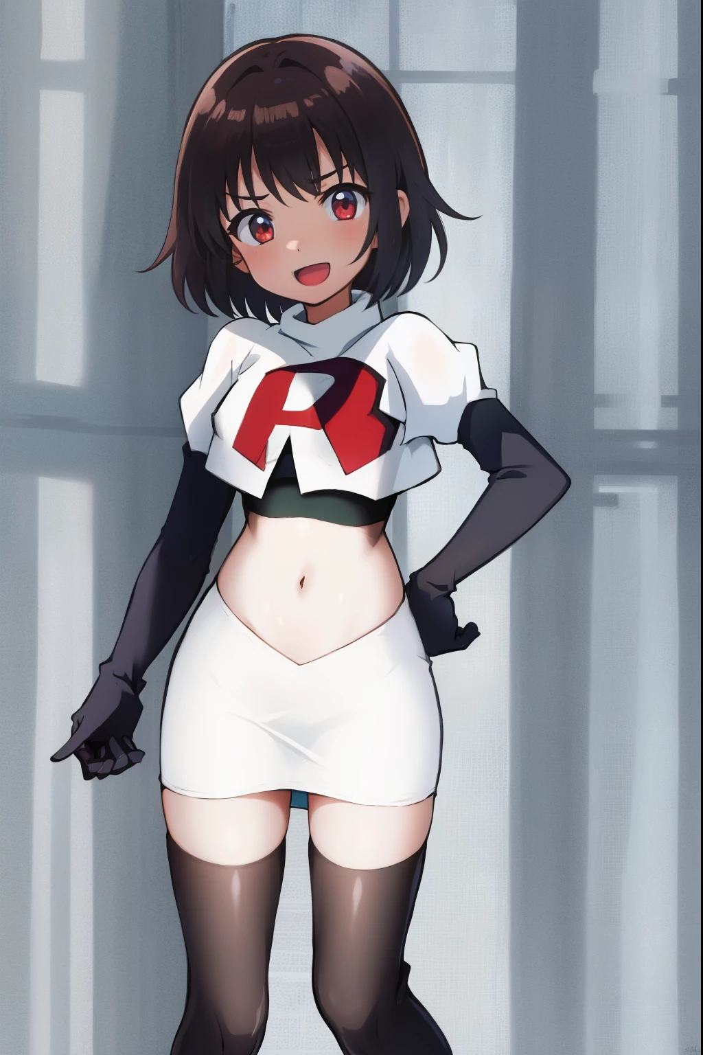 absurdres,masterpiece, best quality, highres, high quality, 1girl, child,team rocket,team rocket uniform,white skirt,red letter R,crop top,black thigh-highs,black elbow gloves,