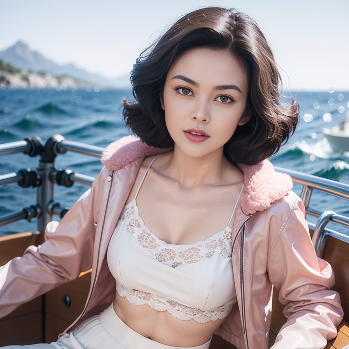 gorgeous cute Austrian girl, (crop top), black hair loose hair, wears a pink top , pink boots, white fluffy clothes, short skirt and long jacket , siting on boat in middle of sea , perfectly symmetrical face, realistic detailed skin, 4k , HDR, hard shadows, art photography, sharp focus, masterpiece, breathtaking, atmospheric perspective, diffusion, pore correlation, skin imperfections, 80mm Sigma f2, depth of field, intricate natural lighting