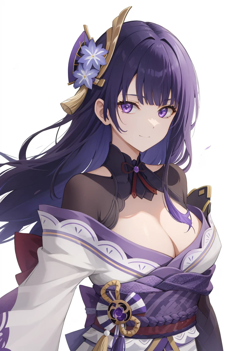 raiden shogun, 1girl, large breasts, purple hair, purple eyes, solo, cleavage, mole under eye,  japanese clothes, long hair, kimono, looking at viewer, sash, purple flower, flower, hair ornament, obi, bangs, bridal gauntlets, upper body, shrug (clothing), obijime, obiage, off shoulder, smile, closed mouth, black bacground