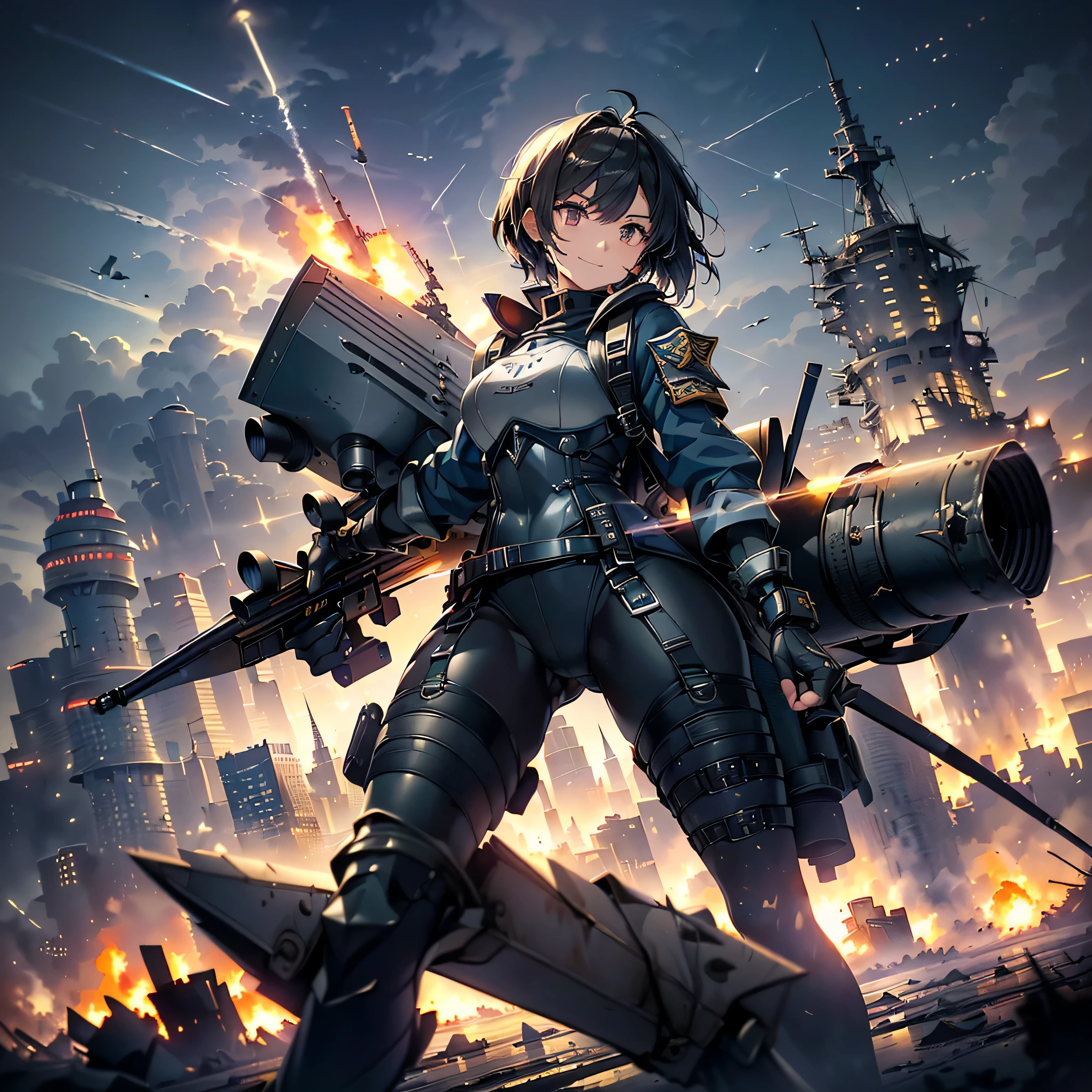 (highest quality,T Masterpiece,final solution,whole body):(Fluffy,19old female fighter,black super short hair,Shiny navy blue and black tight combat uniform,tight suit,dynamic angle、dynamic action、(dynamic pose:1.2)、normal posture,normal posture、Gentle smile)、(Time Machine、Computer、skyscraper gun、weapons of the future、(Backpack:1.1)、Real World、Plankton rattle field、volumetric fog、gray fog、cigarette、 explosion、apocalyptic、destroyed city background、burning building:1.3、splash of water、starry ski、huge moon、Earth、destroyed giant robot、radio tower、airplane flying overhead、shooting star rocket truck、broken car、derailed train、tank、giant weapon、electronic equipment、Luminous mechanism)