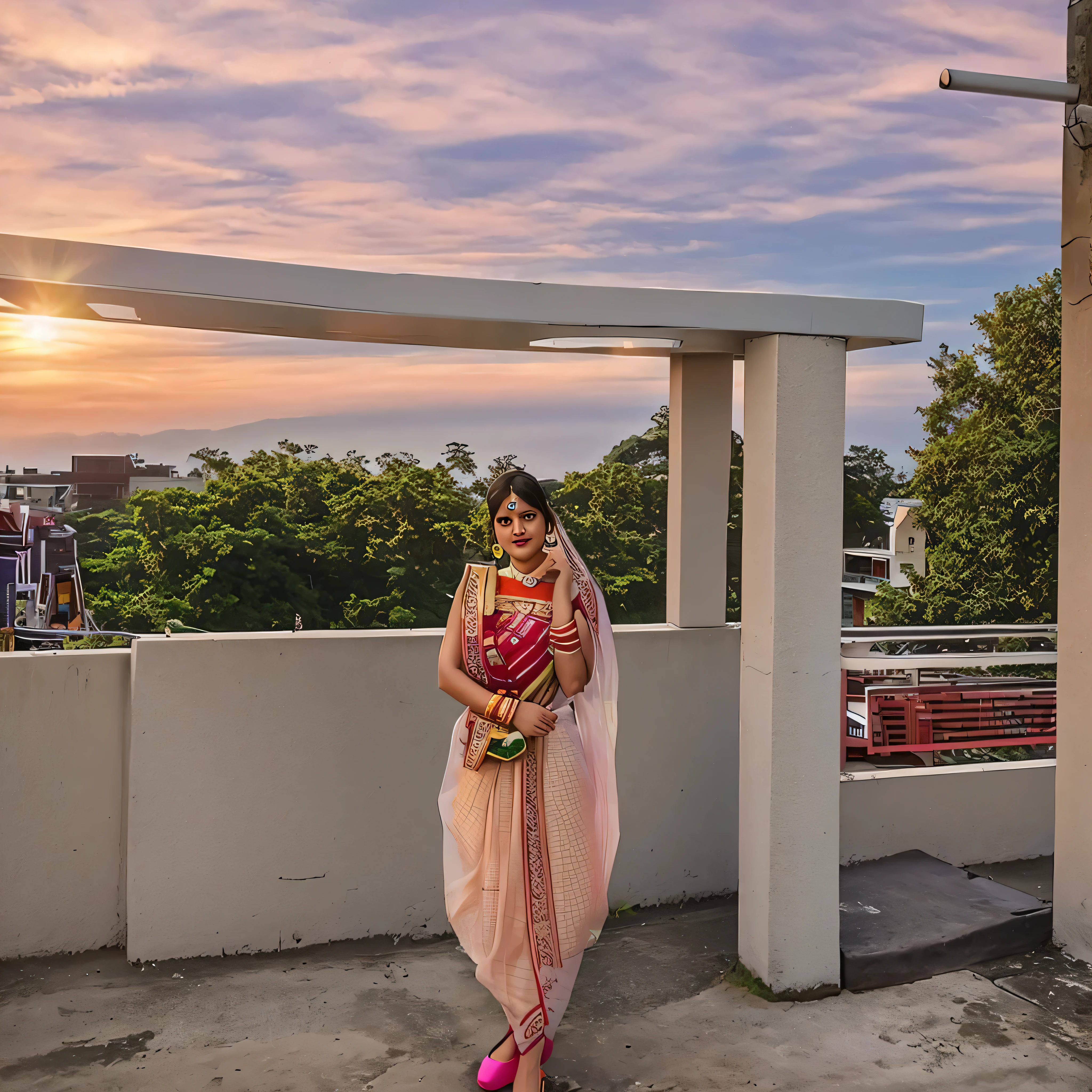 there  a woman standing on a roof with a cell phone, dressed in a sari, wearing a sari, taken with sony a7r camera, wearing sari, taken with a canon dslr camera, photo taken with sony a7r camera, taken with sony alpha 9, wearing bihu dress mekhela sador, shot on sony a 7
