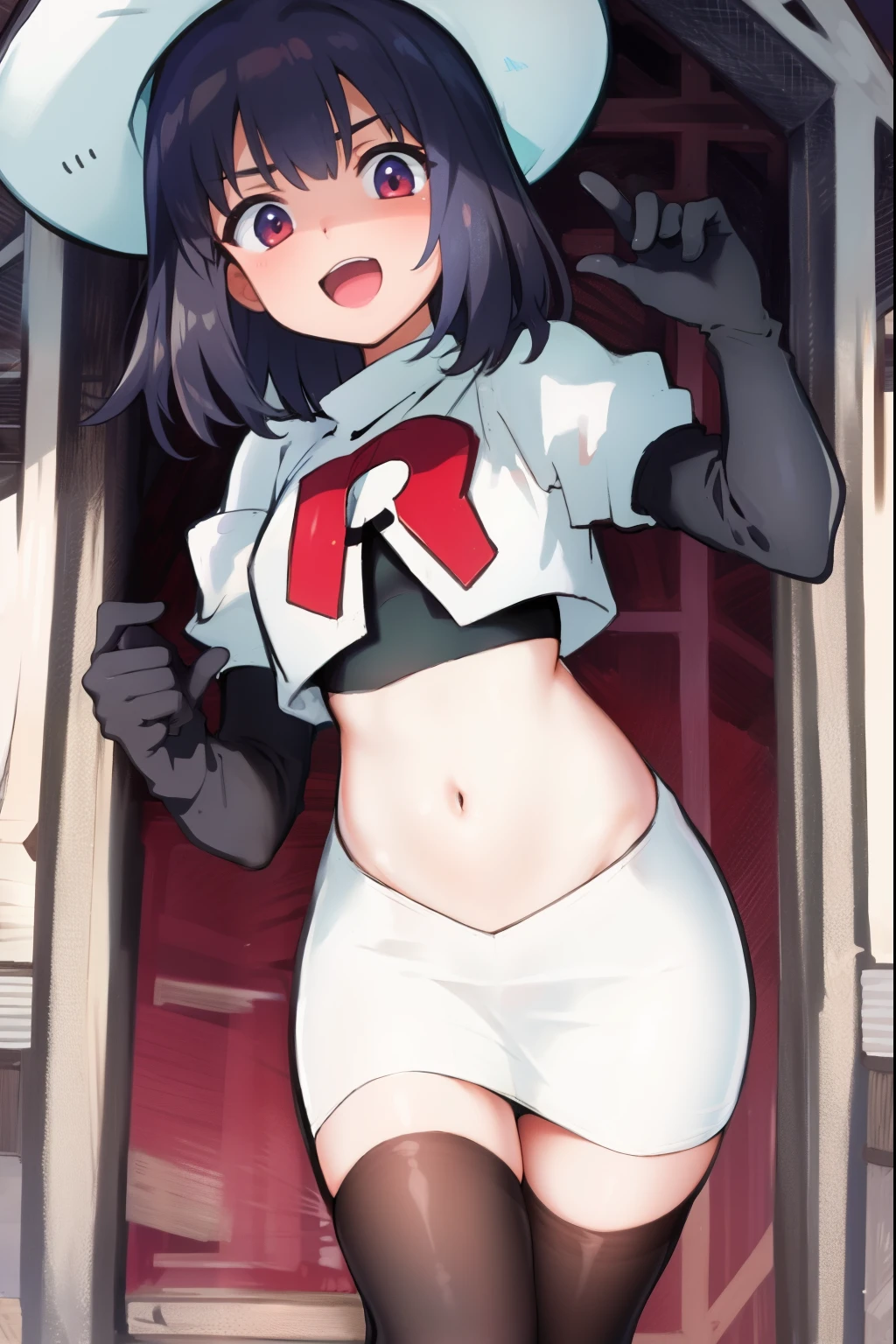 absurdres,masterpiece, best quality, highres, high quality, 1girl, child,team rocket,team rocket uniform,white skirt,red letter R,crop top,black thigh-highs,black elbow gloves,