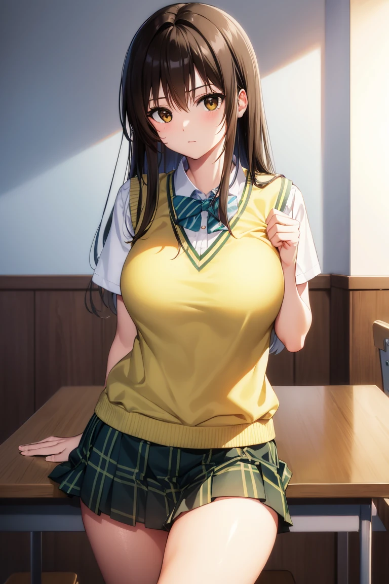 kotegawayui, yui kotegawa, black hair, (brown eyes:1.5), long hair,
BREAK green skirt, plaid, plaid skirt, sainan high school uniform, school uniform, skirt, sweater vest, (yellow sweater:1.3), short sleeves,
BREAK looking at viewer,
BREAK indoors, classroom,
BREAK (masterpiece:1.2), best quality, high resolution, unity 8k wallpaper, (illustration:0.8), (beautiful detailed eyes:1.6), extremely detailed face, perfect lighting, extremely detailed CG, (perfect hands, perfect anatomy),