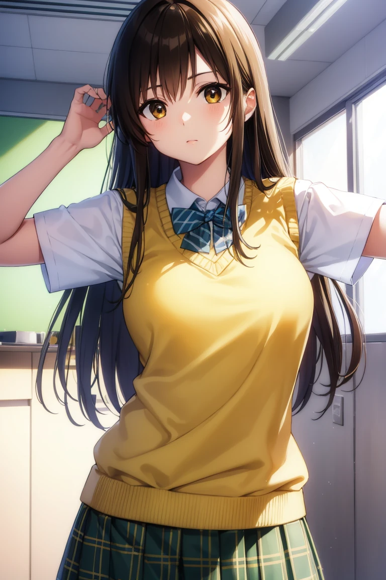 kotegawayui, yui kotegawa, black hair, (brown eyes:1.5), long hair,
BREAK green skirt, plaid, plaid skirt, sainan high school uniform, school uniform, skirt, sweater vest, (yellow sweater:1.3), short sleeves,
BREAK looking at viewer,
BREAK indoors, classroom,
BREAK (masterpiece:1.2), best quality, high resolution, unity 8k wallpaper, (illustration:0.8), (beautiful detailed eyes:1.6), extremely detailed face, perfect lighting, extremely detailed CG, (perfect hands, perfect anatomy),