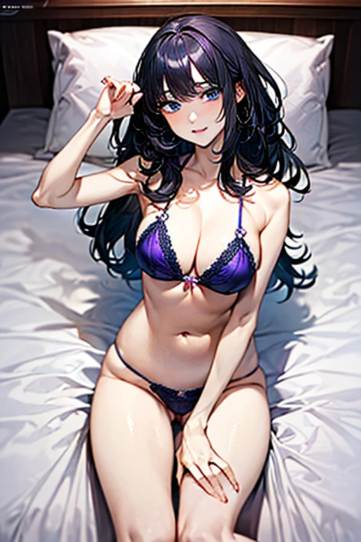 masterpiece, best quality, ((최상의 품질)), ((걸작 작품)), (상세한), 완벽한 얼굴, black hair, blue eyes, large breast, sexy, purple color bikini, cum in pussy, breast milk, sexy, bed