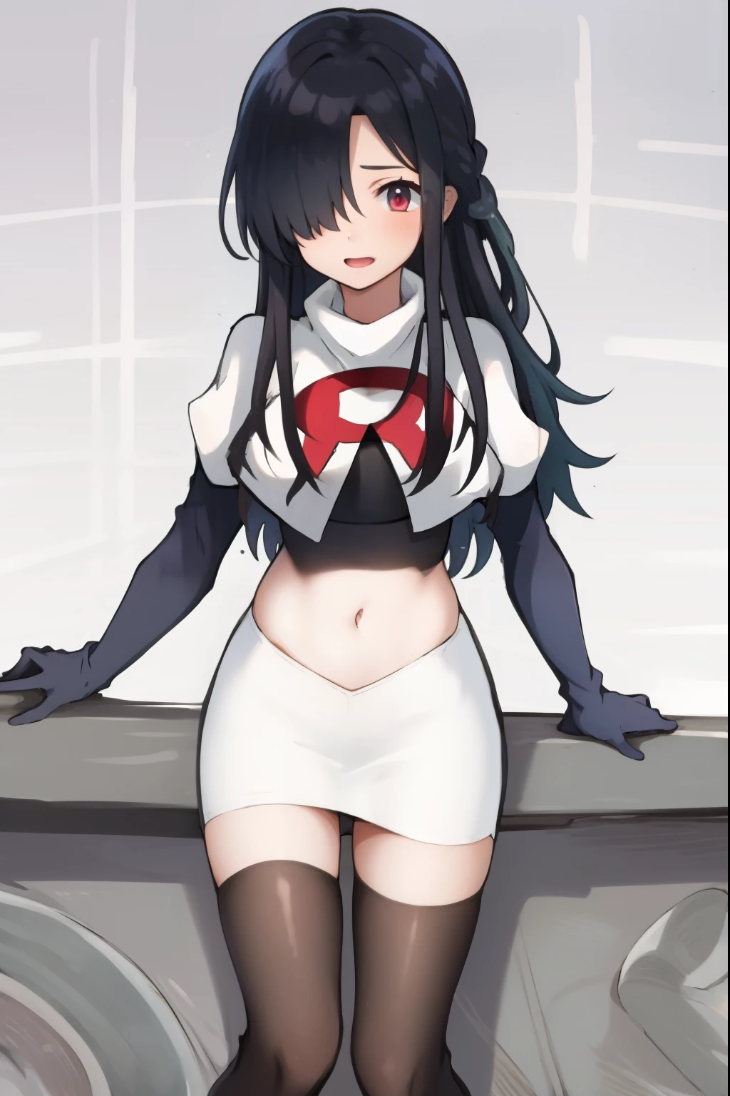 absurdres,masterpiece, best quality, highres, high quality, 1girl,black hair, long hair, hair over one eye,team rocket,team rocket uniform,white skirt,red letter R,crop top,black thigh-highs,black elbow gloves,