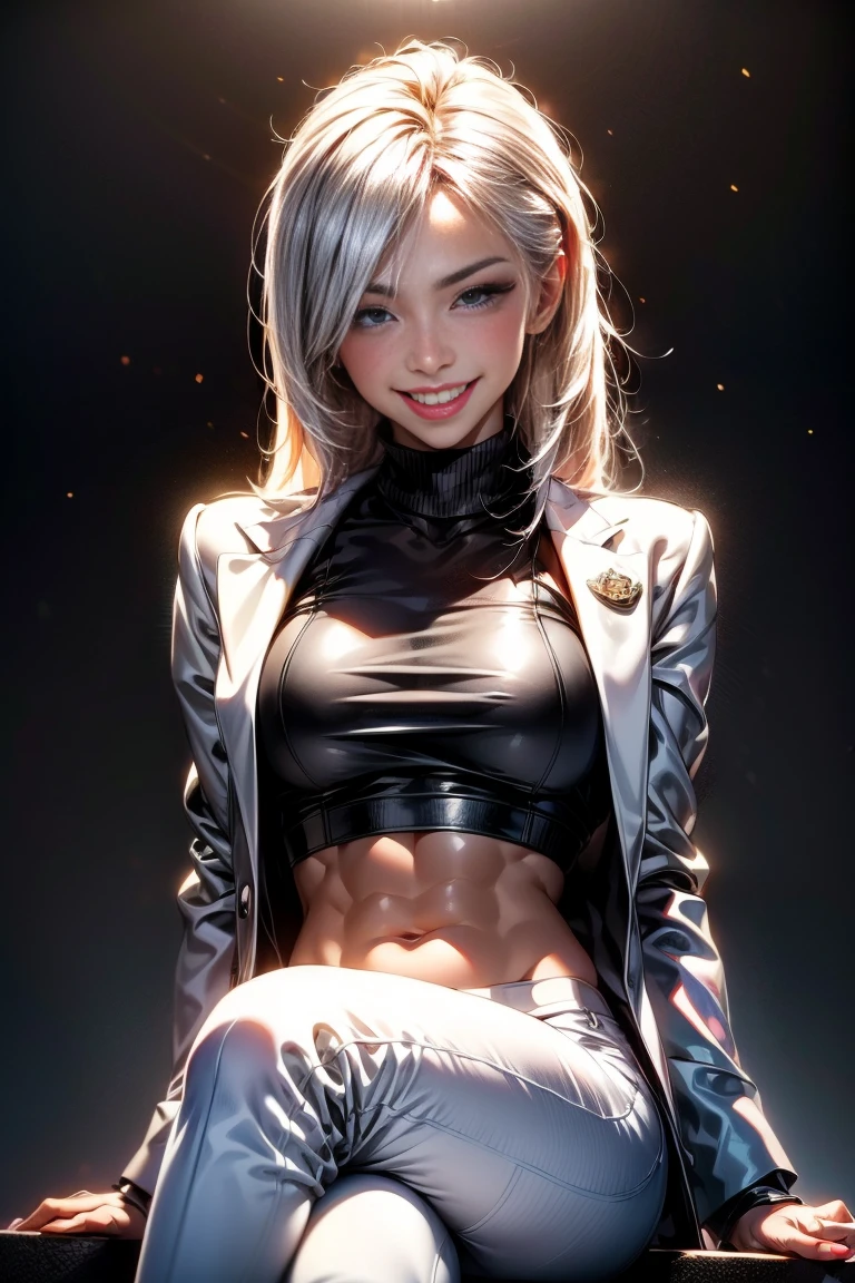 taller slim woman, (hair over one eye:1.3), (tareme:1.2), (laughing:1.2), (teeth fangs:1.2), slender, well toned abs, (mekakure:1.3), (white suit:1.2), black shirt, white jacket, (white hair:1.2), voluminous messy hair, asymmetrical hair style, cyberpunk lighting, cinematic angle, Rule of thirds, Dramatic makeup, eye make up, mascara, eye liner, eye shadow, (evil grin:1.1), (Dark skin), (brown skin), (tanned skin), (bronze skin), dynamic pose, cross-legged