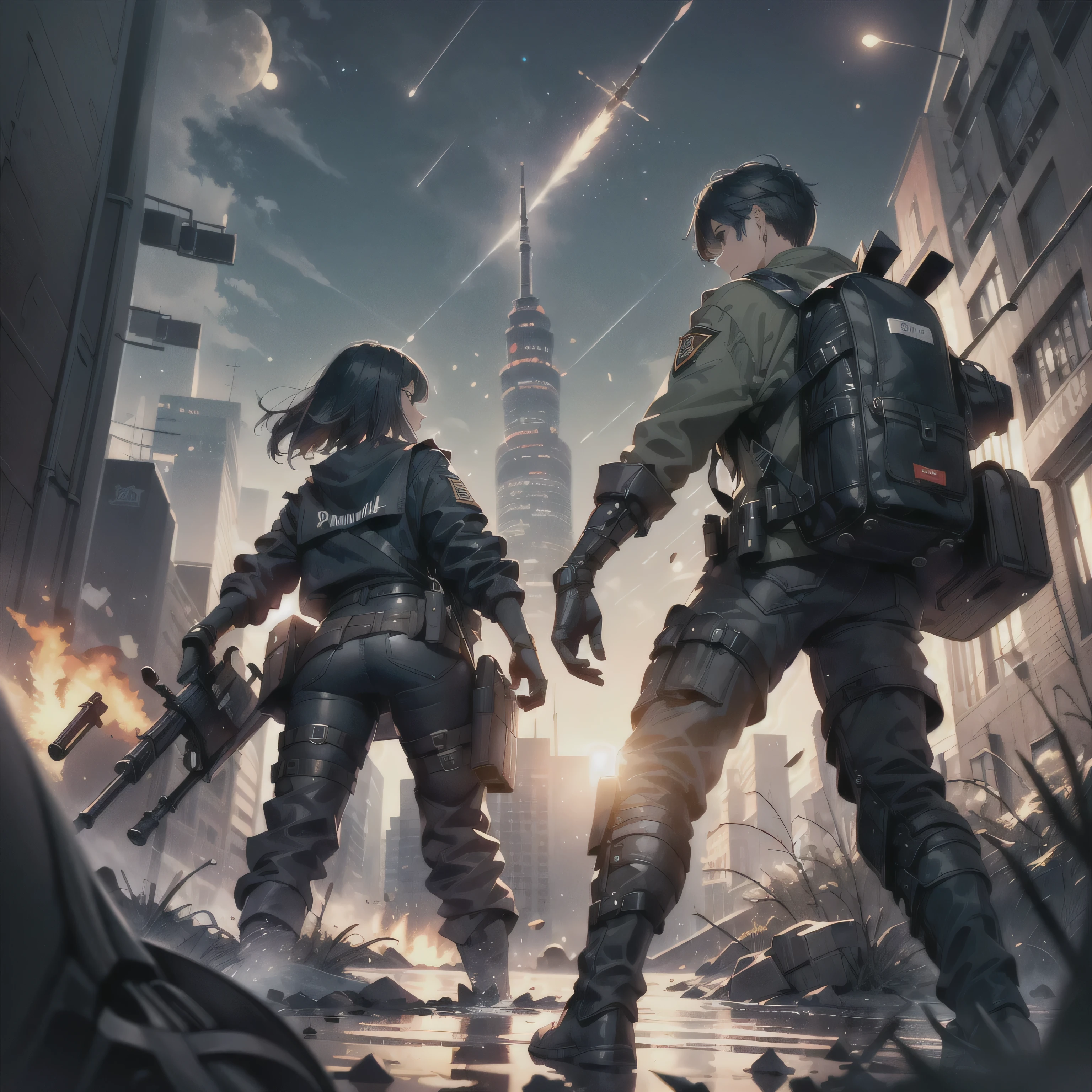 (highest quality,T Masterpiece,final solution,whole body):(Fluffy,19old female fighter,black super short hair,Shiny navy blue and black tight combat uniform,tight suit,dynamic angle、dynamic action、(dynamic pose:1.2)、normal posture,normal posture、Gentle smile)、(Time Machine、Computer、skyscraper gun、weapons of the future、(Backpack:1.1)、Real World、Plankton rattle field、volumetric fog、gray fog、cigarette、 explosion、apocalyptic、destroyed city background、burning building:1.3、splash of water、starry ski、huge moon、Earth、destroyed giant robot、radio tower、airplane flying overhead、shooting star rocket truck、broken car、derailed train、tank、giant weapon、electronic equipment、Luminous mechanism)