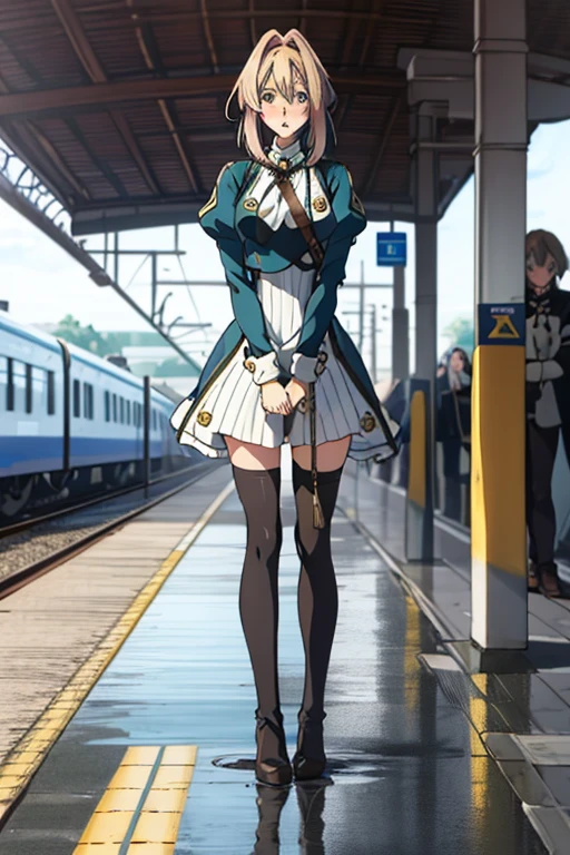 whole body, myself peeing, have to pee, violet_Evergarden, train station, Are standing, Worried, blush, shy, Puddles of urine, green_eye, humiliating, look down, flushed, panic, violet Evergarden uniform, white long dress, black stockings, brown high heel boots,