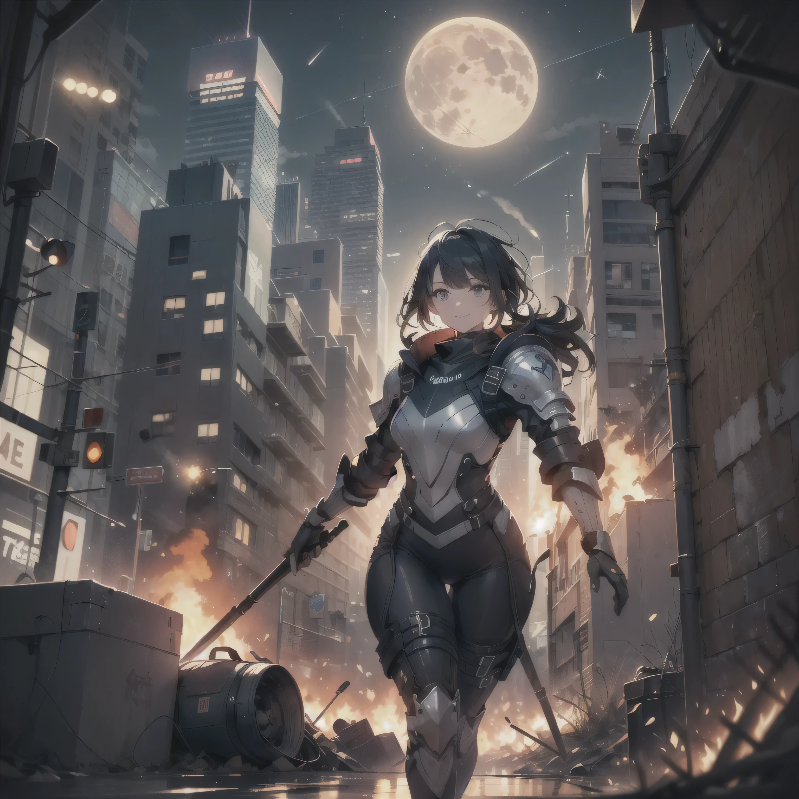 (highest quality,T Masterpiece,final solution,whole body):(Fluffy,19old female fighter,black super short hair,Shiny navy blue and black tight combat uniform,tight suit,dynamic angle、dynamic action、(dynamic pose:1.2)、normal posture,normal posture、Gentle smile)、(Time Machine、Computer、skyscraper gun、weapons of the future、(Backpack:1.1)、Real World、Plankton rattle field、volumetric fog、gray fog、cigarette、 explosion、apocalyptic、destroyed city background、burning building:1.3、splash of water、starry ski、huge moon、Earth、destroyed giant robot、radio tower、airplane flying overhead、shooting star rocket truck、broken car、derailed train、tank、giant weapon、electronic equipment、Luminous mechanism)