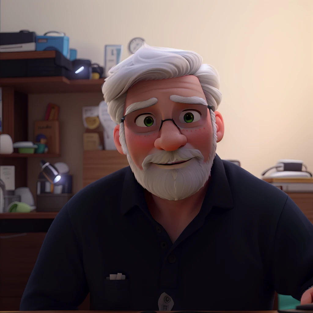 Create a 3D Pixar Style Avatar of a 55 -year -old white -skinned man, white -bearded white hair, greenish brown eyes with a clean look, without smile, with light blue polo shirt,