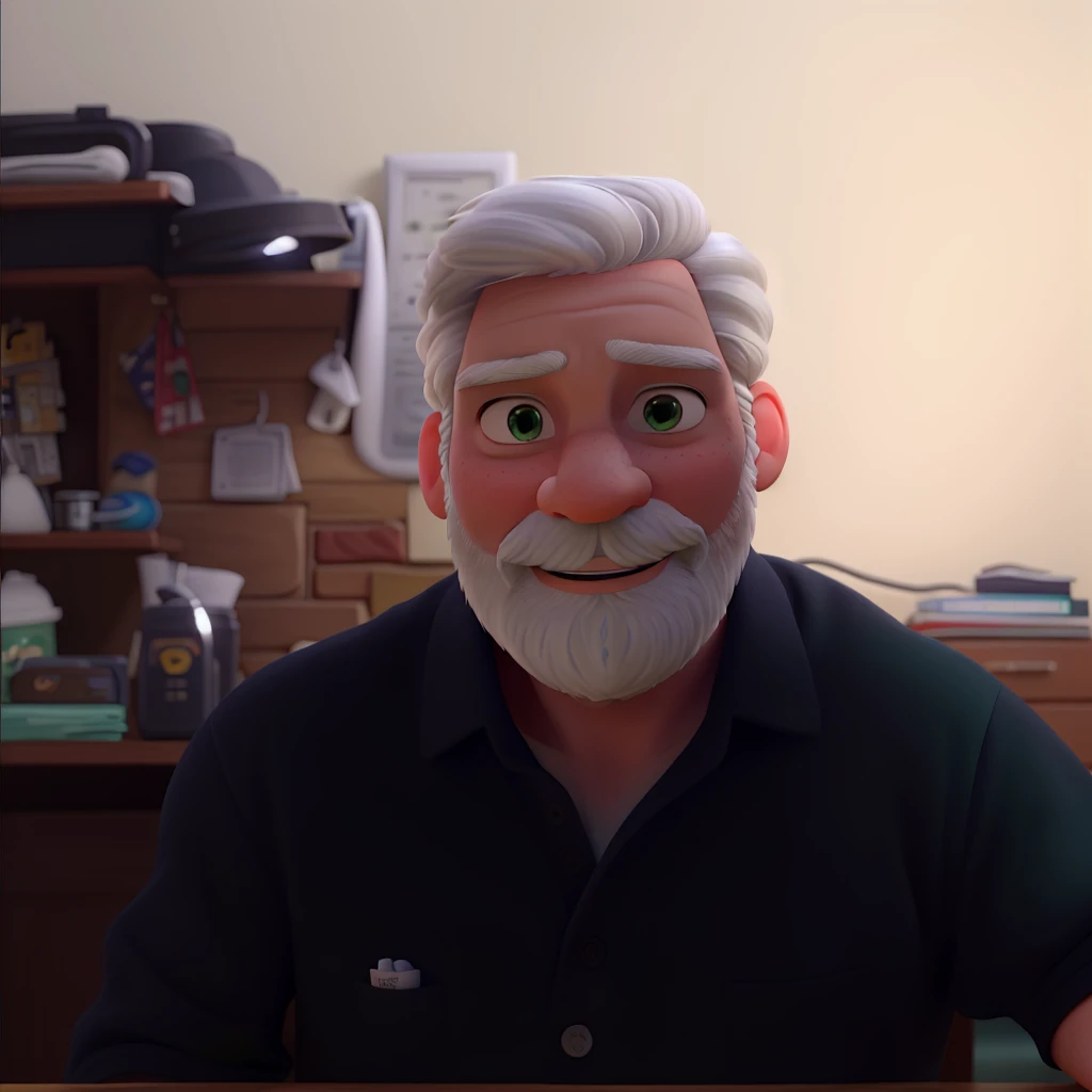 Create a 3D Pixar Style Avatar of a 55 -year -old white -skinned man, white -bearded white hair, greenish brown eyes with a clean look, without smile, with light blue polo shirt,