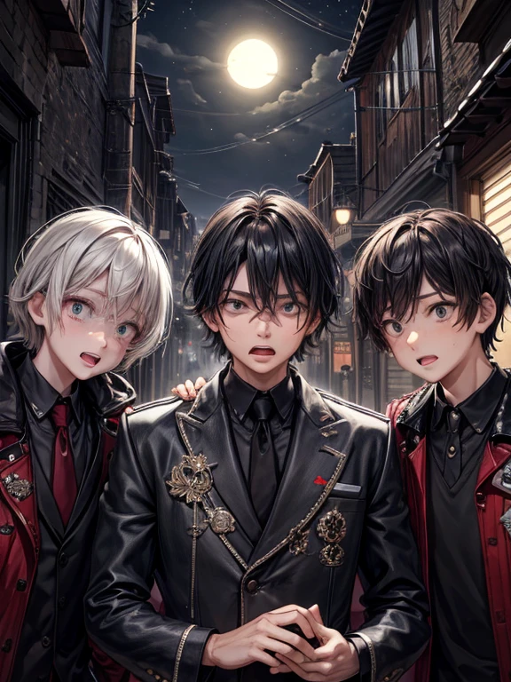 (masterpiece), best quality, high quality, dynamic light, 1boy, scared expression, open mouth, clenched teeth, upper body, face focus, night sky, dark alley, horror, from side, words "What the..?"
