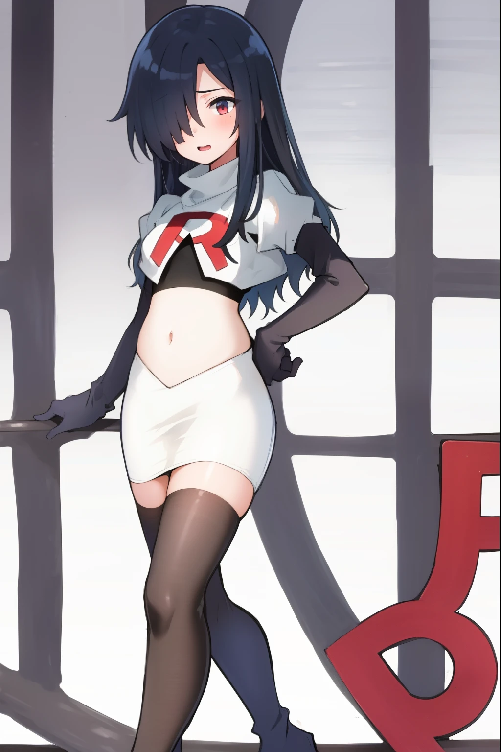 absurdres,masterpiece, best quality, highres, high quality, 1girl, child,black hair, long hair, hair over one eye,team rocket,team rocket uniform,white skirt,red letter R,crop top,black thigh-highs,black elbow gloves,