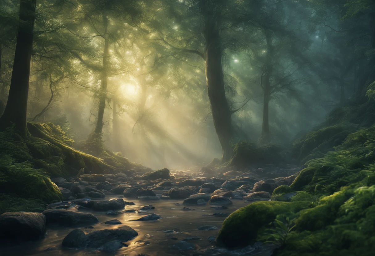 Generate a hyper-realistic 8K wallpaper featuring a mystical and enchanting artwork of a rainy forest, where the raindrops glisten like diamonds amidst the emerald foliage. Capture the ethereal beauty of the forest, with misty tendrils of fog weaving through ancient trees, and the soft, mysterious glow of fireflies illuminating the scene. Let the atmosphere be filled with a sense of magic and wonder, as if the forest holds secrets waiting to be discovered, 8K details, realistic details