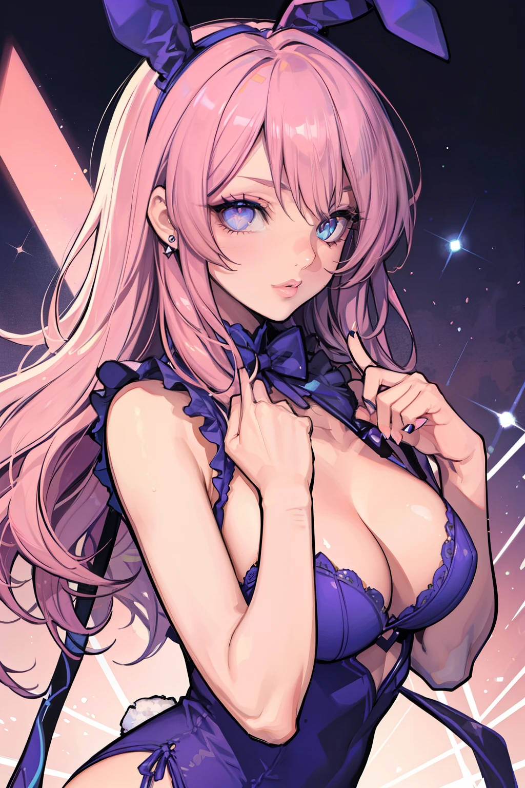 Beautiful woman, sparkling eyes, false eyelashes, pink lips, big and full breasts, Bunny girl, two arms, Thumb and four fingers, anatomically correct fingers, Detailed description, punk,