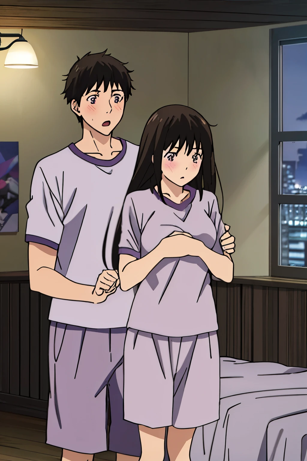 1boy, boy is behind girl, breast grope from behind, boy caressing girl's chest, 1girl, purple eyes, bangs, black hair, blush, breasts, medium breast, gym uniform, collarbone, blue gym shorts, white short sleeve gym shirt , indoors, night, passionate hug, lie on bed, breastgrope from behind