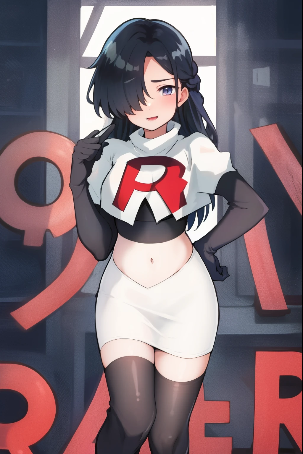 absurdres,masterpiece, best quality, highres, high quality, 1girl, child,black hair, long hair, hair over one eye,team rocket,team rocket uniform,white skirt,red letter R,crop top,black thigh-highs,black elbow gloves,
