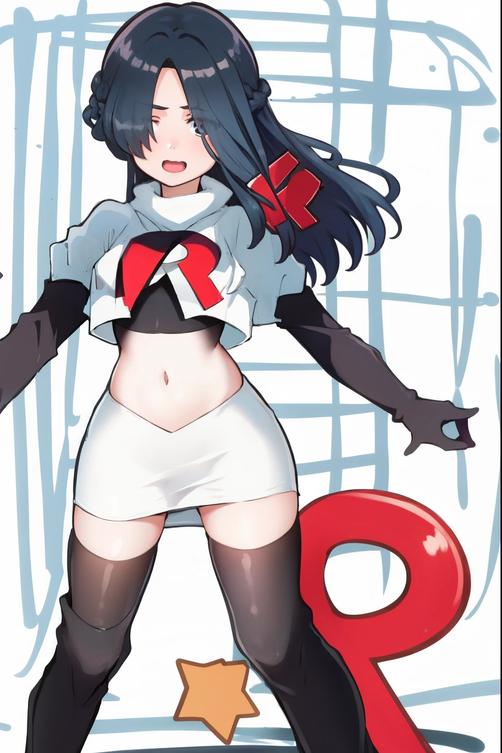 absurdres,masterpiece, best quality, highres, high quality, 1girl, child,black hair, long hair, hair over one eye,team rocket,team rocket uniform,white skirt,red letter R,crop top,black thigh-highs,black elbow gloves,