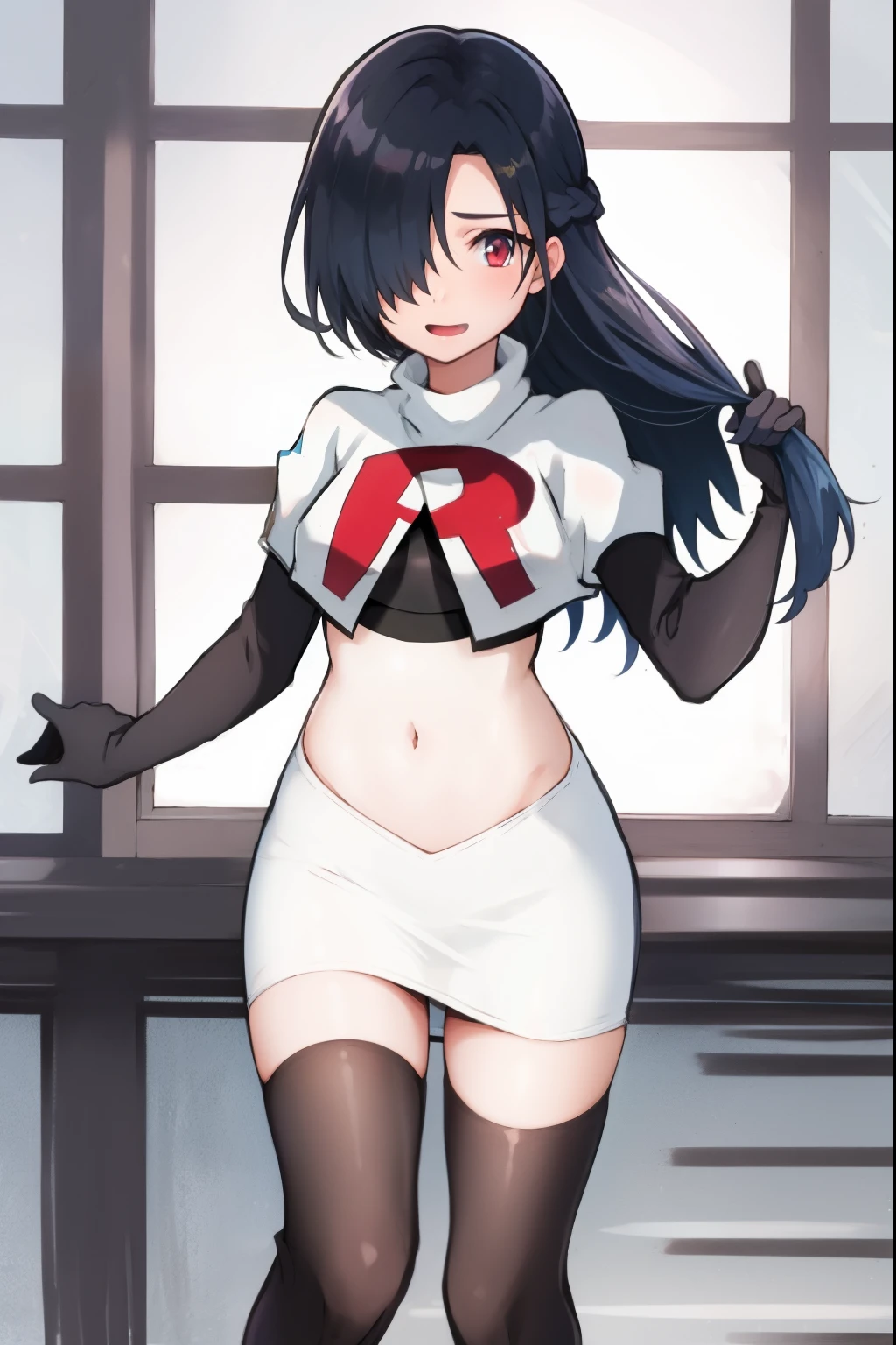 absurdres,masterpiece, best quality, highres, high quality, 1girl,black hair, long hair, hair over one eye,team rocket,team rocket uniform,white skirt,red letter R,crop top,black thigh-highs,black elbow gloves,