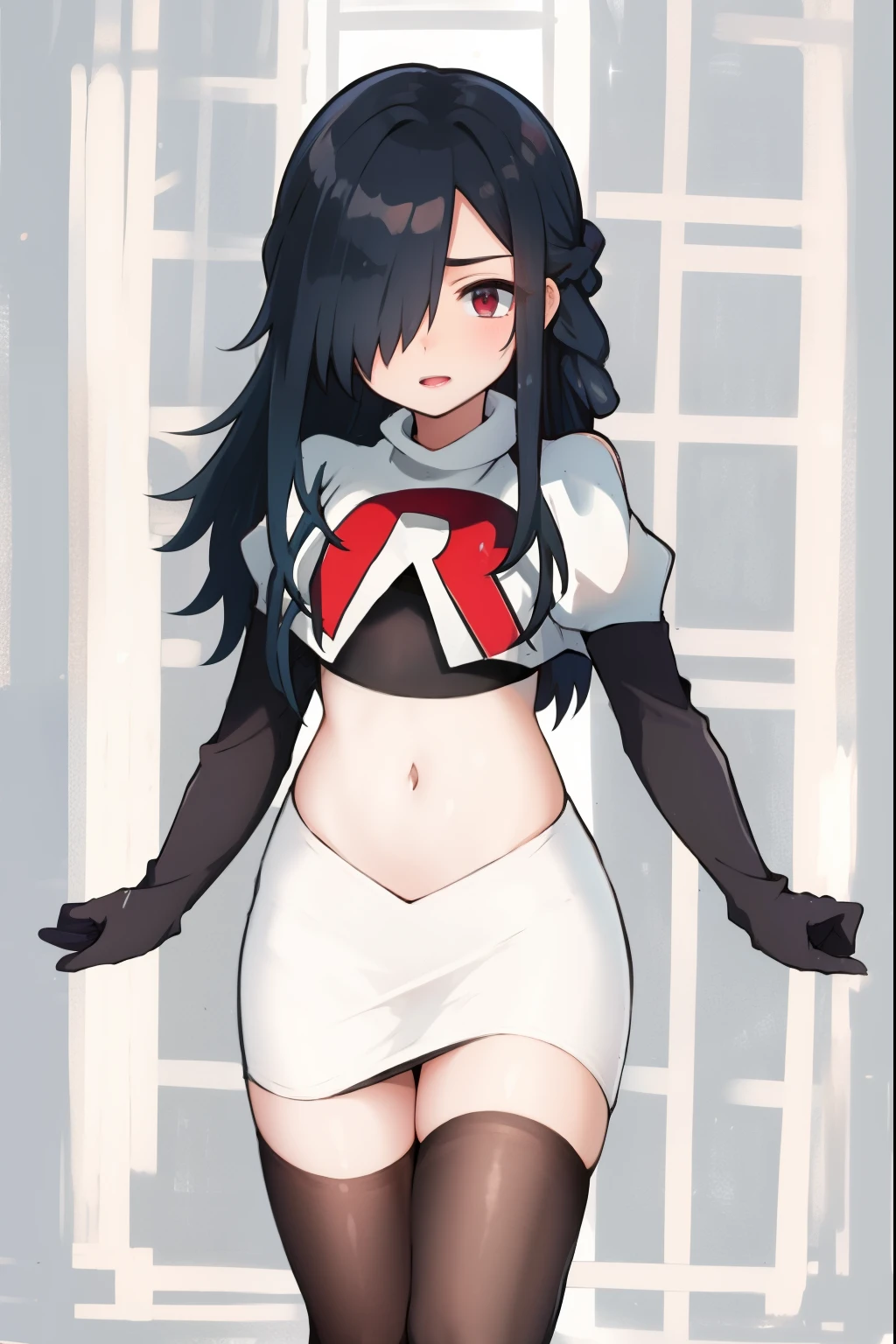absurdres,masterpiece, best quality, highres, high quality, 1girl, child,black hair, long hair, hair over one eye,team rocket,team rocket uniform,white skirt,red letter R,crop top,black thigh-highs,black elbow gloves,