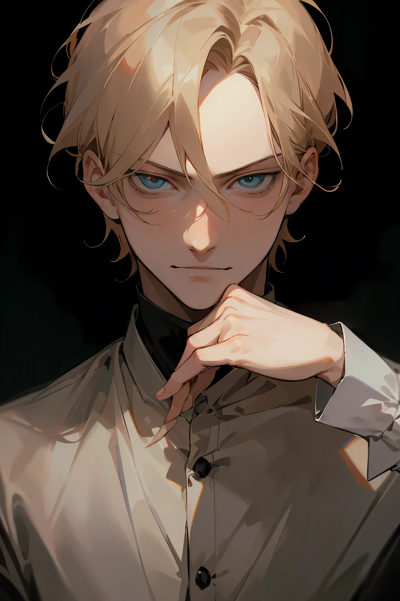 masterpiece, dark night, boy, johan liebert, wavy blonde hair, short hair, 20 years, finger to forehead, Grim Smile, villain, narrowed eyes, very detailed beautiful face and eyes, portrait, shirt