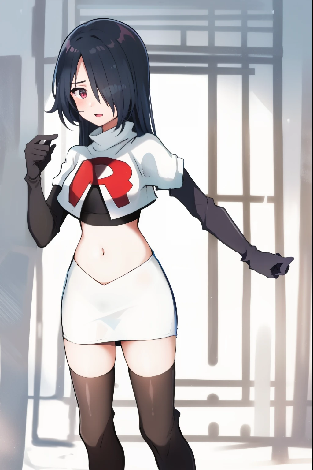 absurdres,masterpiece, best quality, highres, high quality, 1girl, child,black hair, long hair, hair over one eye,team rocket,team rocket uniform,white skirt,red letter R,crop top,black thigh-highs,black elbow gloves,