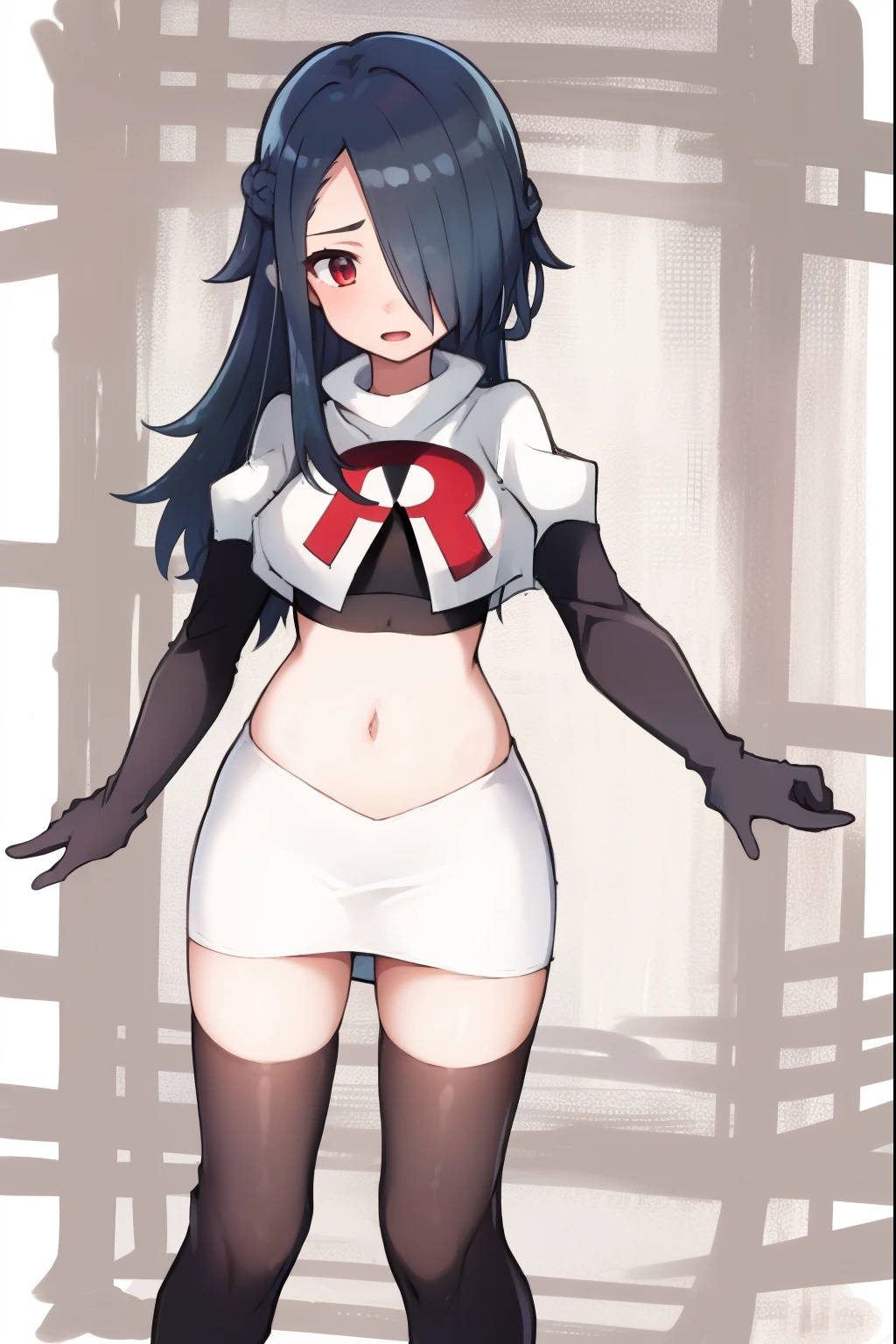 absurdres,masterpiece, best quality, highres, high quality, 1girl, child,black hair, long hair, hair over one eye,team rocket,team rocket uniform,white skirt,red letter R,crop top,black thigh-highs,black elbow gloves,