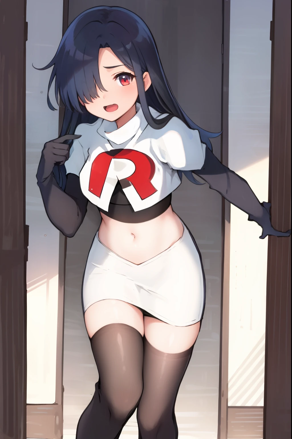 absurdres,masterpiece, best quality, highres, high quality, 1girl, child,black hair, long hair, hair over one eye,team rocket,team rocket uniform,white skirt,red letter R,crop top,black thigh-highs,black elbow gloves,