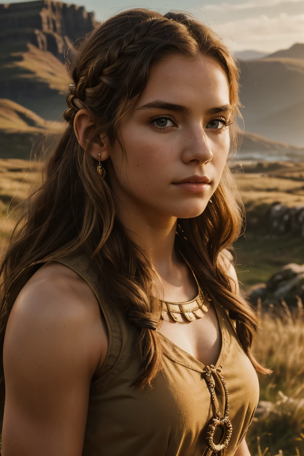 (masterpiece, highest quality, highest resolution, distinct_image, detailed details, photography, 8k, hd): (Solo, lone girl, ((native gaelic scottish)), girl, 20 years old, hills, golden hour, 1890s, beautiful girl, long hair, ((wavy hair)), medium full shot mfs, looking at camera, looking at viewer, tribes woman, simple tribe clothes, sleeveless, peasant woman, ((natural face)), ancient civilization, buff girl, fit body, amazoness woman)