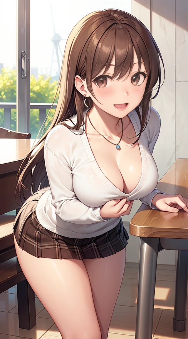 ((masutepiece, Best Quality, hight resolution, nffsw, Perfect Pixel, depth of fields, 4K, nffsw, nffsw)), 1girl in, Single, Solo, Beautiful Art Style, ((Long hair, Brown hair)), (eyes are brown:1.4, rounded eyes, Beautiful eyelashes, Realistic eyes), (Detailed face, Blushing:1.2), (Smooth texture:0.75, Realistic texture:0.65, Photorealistic:1.2, Anime CG style), ((tiny chest)), cleavage of the breast, (Dynamic Angle, Dynamic Pose:1.4, looking to viewer), Perfect body, (Thin leg)、((White sweater, Long sleeve, plaid skirts, Stockings)), Smile, Open mouth, (Leaning forward),, amusement park, a necklace, Rounded earrings、during a meal、sit a chair、frontage、(Leaning over the table)