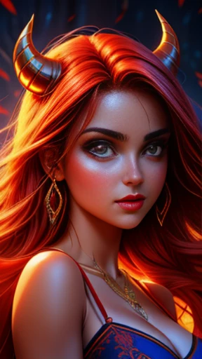 uma mulher com cabelos ruivos e chifres de diabo em frente a uma fogueira, beautiful together, cosubedieval, together, garota demon, vermelho brilhante, vermelho brilhante eyes, with vermelho brilhante eyes, with olhos vermelhos brilhantes, olhos vermelhos brilhantes, demon, Alena Aenami e Artgerm, together in sundress portrait
