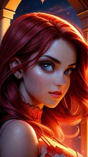 (( masterpiece)), (( best quality)), ( medium full shot: 1.0),uma mulher com cabelos ruivos e chifres de diabo, ( chifres de diabo: 1.0) em frente a uma fogueira, beautiful together, cosubedieval, together, garota demon, vermelho brilhante, vermelho brilhante eyes, with vermelho brilhante eyes, with olhos vermelhos brilhantes, olhos vermelhos brilhantes, demon, Alena Aenami e Artgerm, together in sundress portrait