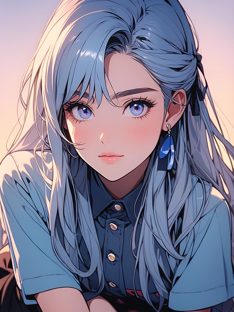 (detailed beautiful eyes and detailed face, masterpiece side light, masterpiece, best quality, detailed, high resolution illustration), (1 girl, beautiful girl, shiny skin), (sky blue hair, pink colored eyes, skirt, ribbon, button- shirt)(kneeling on the ground)