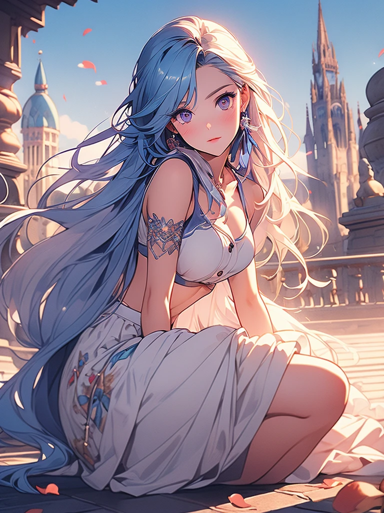 (detailed beautiful eyes and detailed face, masterpiece side light, masterpiece, best quality, detailed, high resolution illustration), (1 girl, beautiful girl, shiny skin), (sky blue hair, pink colored eyes, skirt, ribbon, button- shirt)(kneeling on the ground)