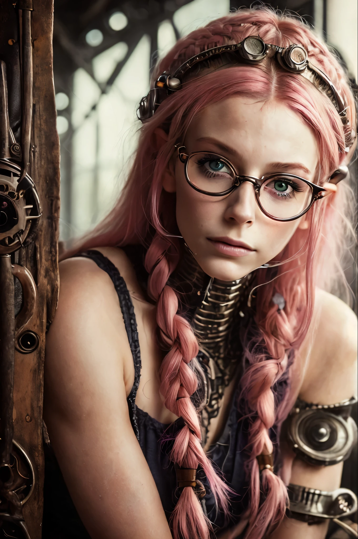 (Realisttic:1.2), analog photo style, Beautiful Elf woman, posing, with freckles and glasses and long pink hair braided, (steampunk dark fantasy atmosphere), soft natural light, cute and sexy, great quality, Masterpiece, detailed strange background, better performance, 16k quality, RAW photo