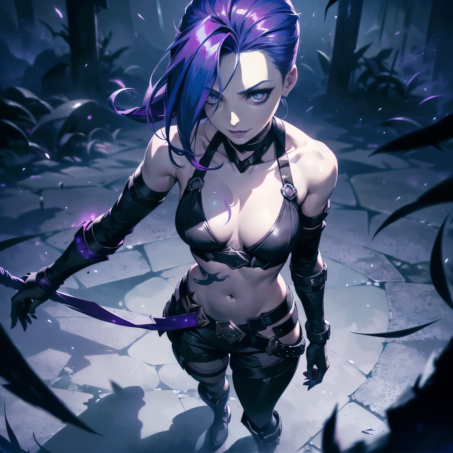 An ultra-detailed, high-res, and realistic:1.37 prompt, portraying an arcane scene inspired by the champion Jinx from League of Legends. The central focus of the image is a character with a tilted head, looking upwards with an eerie smile. The character's eyes are exceptionally detailed, radiating a sense of mystery and intensity. The lips are also beautifully detailed, showcasing a seductive yet sinister expression. The overall atmosphere is dark and mysterious, with shadows and dim lighting adding to the eerie ambiance. The image quality is top-notch, with intricate details and sharp focus. The art style leans towards concept art, blending fantasy elements with a touch of realism. The color palette is predominantly dark and moody, with splashes of vibrant colors used to highlight specific areas. The lighting is positioned to create dramatic effects, casting shadows and illuminating the scene with a haunting glow.