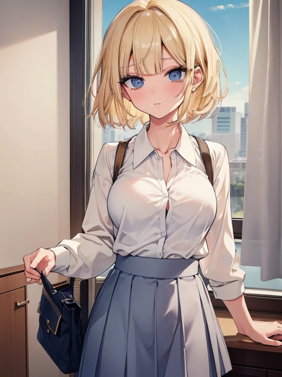 masterpiece, highest quality, High resolution, SA1, blonde hair,  uniform, white shirt, skirt, チェック柄skirt, open shirt, bra is very,