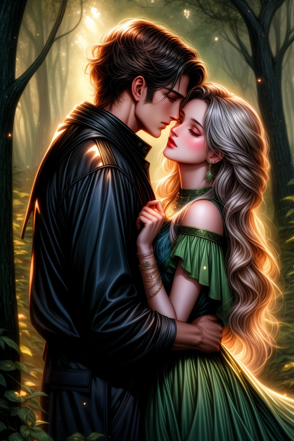 they are kissing in the woods with a light shining on them, magali villeneuve', romantic painting, beautiful digital artwork, charlie bowater and artgeem, graphic artist magali villeneuve, lovely kiss, inspired by Magali Villeneuve, magali villeneuve and monet, beautiful digital illustration, beautiful digital art, gorgeous digital painting