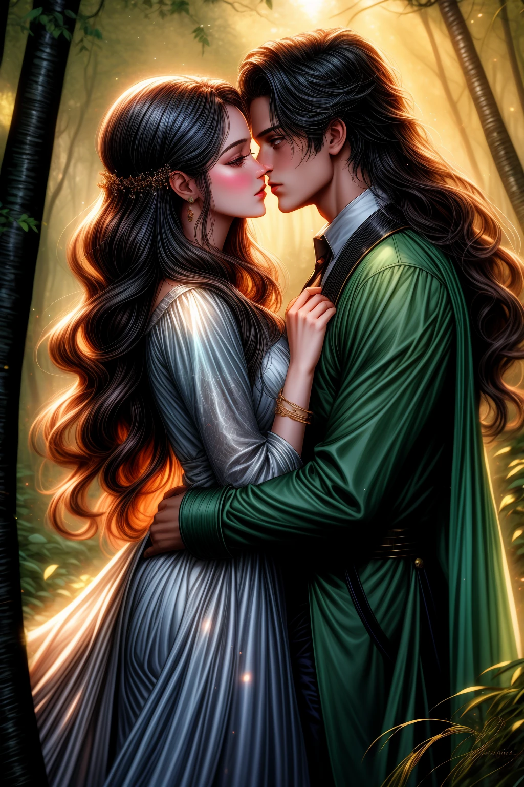 they are kissing in the woods with a light shining on them, magali villeneuve', romantic painting, beautiful digital artwork, charlie bowater and artgeem, graphic artist magali villeneuve, lovely kiss, inspired by Magali Villeneuve, magali villeneuve and monet, beautiful digital illustration, beautiful digital art, gorgeous digital painting