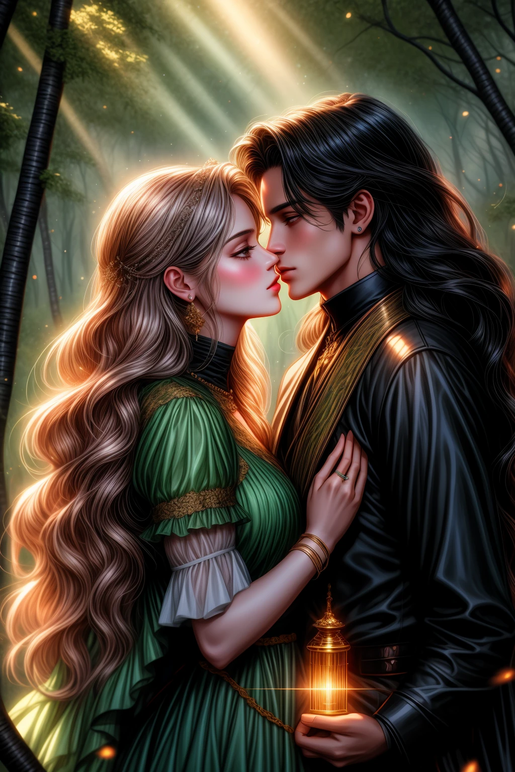 Couple kiss very affectionately, Neels Visser is a prince who has golden blond hair, wears a medieval military outfit and is in love with the commoner Lily Collins, who has curly brunette black hair and wears a red dress, illustration of a romance book cover with a detailed, smooth, bright background filled with flowers covered in ivy and red roses, ornate gown standing in a bed of roses, rim light, dynamic lighting, etherial lighting, ultra detail, concept art, elegant, surreal, art by Lisa Aisato, Greg Hildebrandt, Citemer Liu, Stjepan Sejic, Samyang, Aykut Aydogdu, Justin Gerard, Alphonse Mucha, Artgerm, WLOP, and Greg Rutkowski