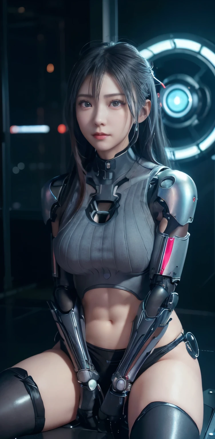 masterpiece、((gray sweater))、 ((plug suit)), ((beautiful girl:1.2))、i don't have arms.、mechanized body、Mechanized chest and abdomen、mechanized occiput、Mechanized leg rack metallic suit that perfectly fits the body、 Are standing、tied up、金属robot、((cyberpunk background))、(neon light)、(futuristic machine factory background)、Cyberdyne、artificial body、All metal body、ironwork、abdominal mechanism、((robotアームとハンド))、((robotの足))、((machine neck))、Inside the spaceship、beautiful girl、、asian beauty, (The actuator and cable are exposed from the abdomen.、金属製robotの首から胴体までつながっている、Complex 3d rendering beautiful porcelain profile super detailedd female android face、cyborg、robot部品、150mm、Soft light in a beautiful studio、rim light、vivid details、gorgeous cyberpunk、Ren Hao、超realistic、anatomical、facial muscles、cable wire microchip、elegant、beautiful background、octane rendering、HR giger style、8K、highest quality、masterpiece、enlightenment、very delicate and beautiful、 非常にdetailedなCG、unity、wallpaper、(realistic、Photoreal:1.37)、amazing、detailed、masterpiece、best quality、official art、Highly detailedd CG unity 8k wallpaper、absurd、incredibly absurd、、robot、silver beads、Full body Esbian、sit on top